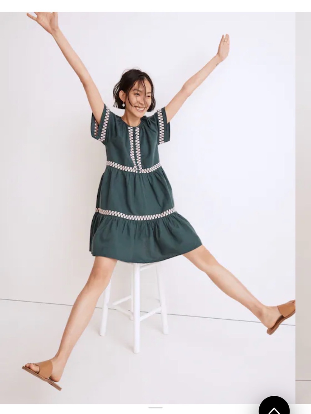 Madewell Forest Green Tiered Mini Dress with Contrast Chevron Trim